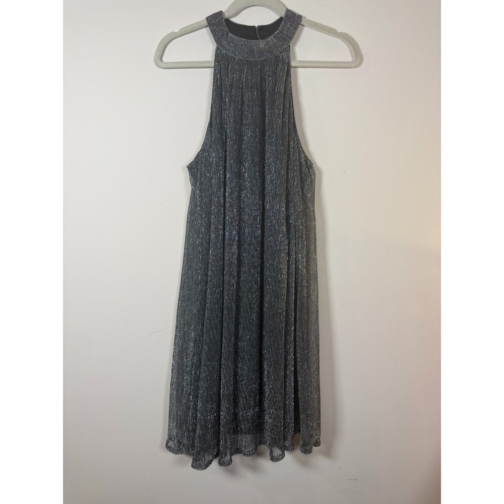 Nine West XL Metallic Pleated Dress Black Silver Sleeveless Evening Party